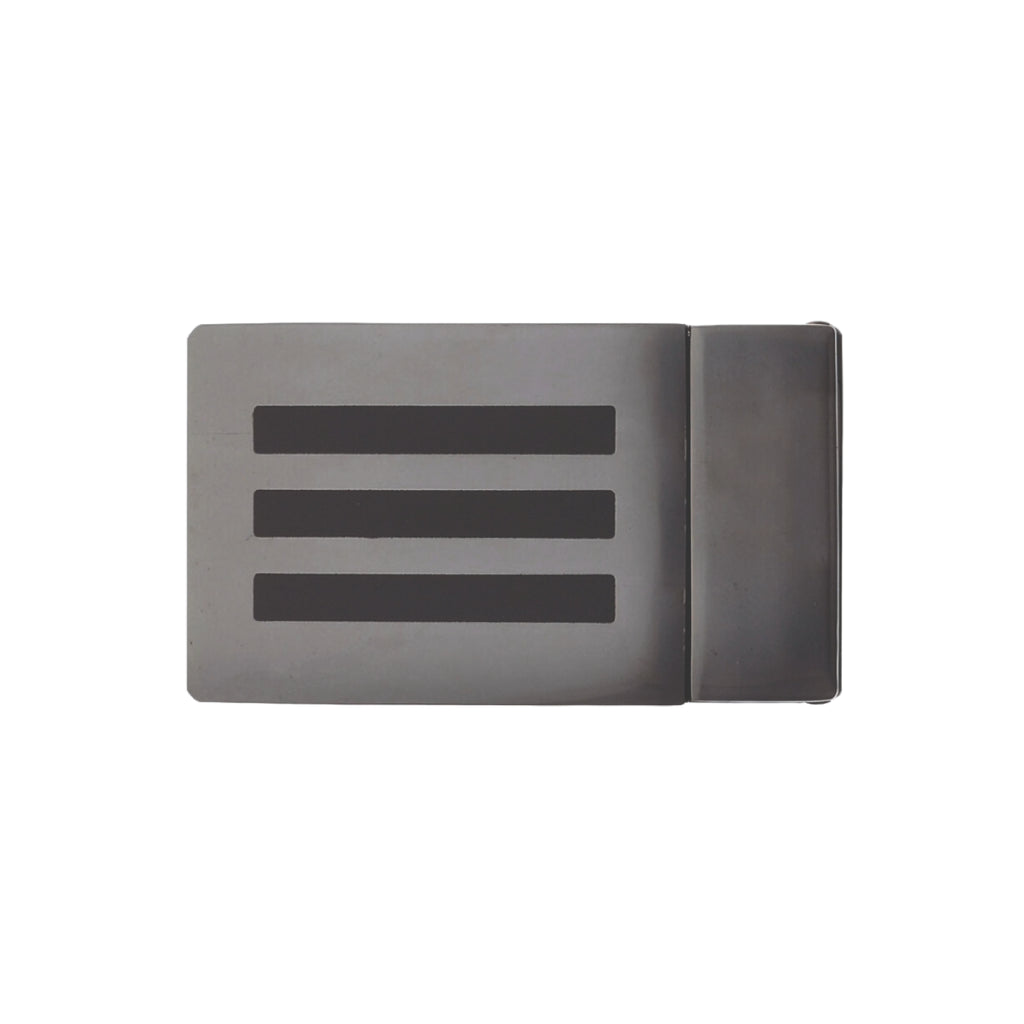 Minimalist polished gunmetal rectangular belt buckle featuring three thick matte black horizontal stripes.