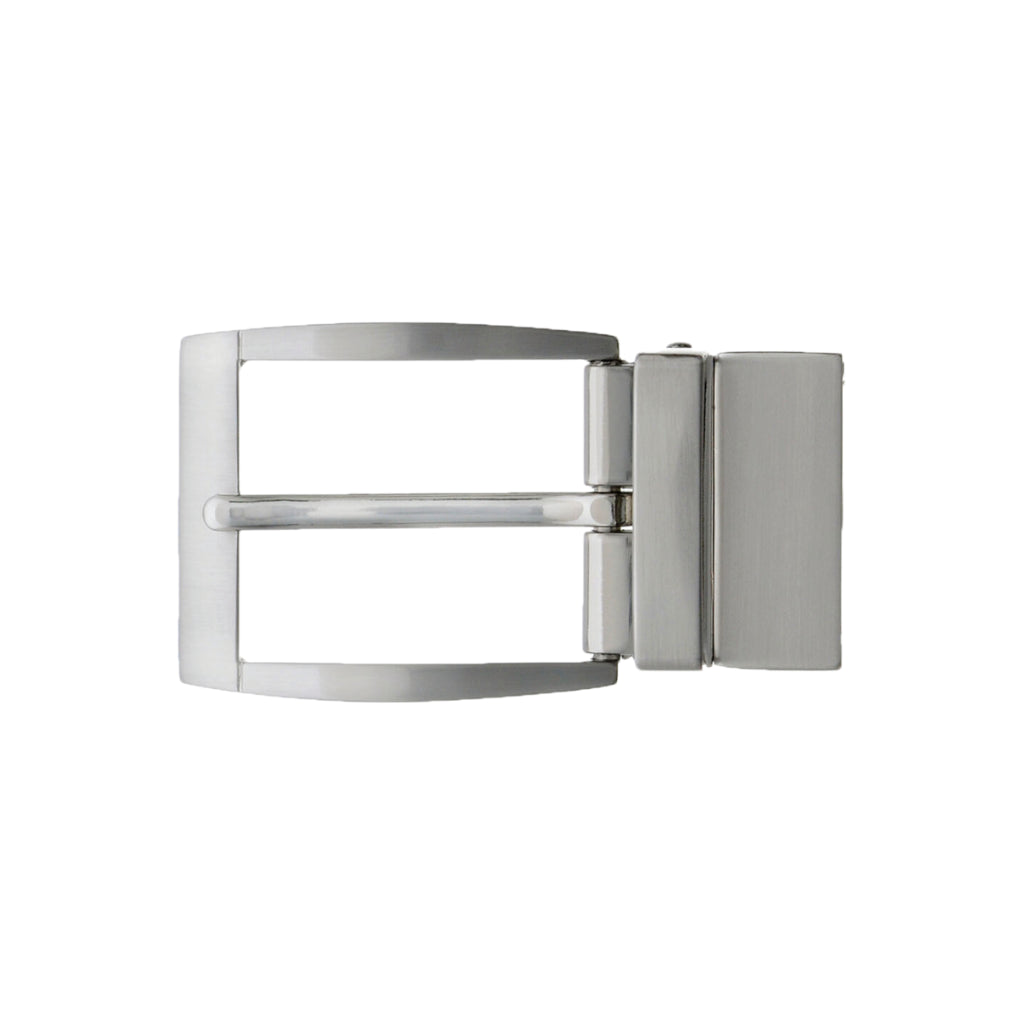 Brushed silver belt buckle frame with center bar and clip clasp back