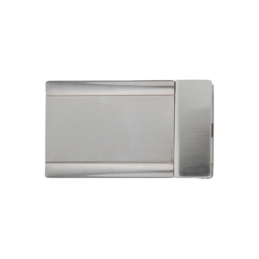 Brushed silver-tone rectangular belt buckle featuring a beveled outer frame and a central satin-finish inset panel.