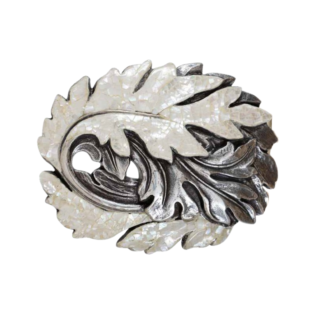 Decorative leaf motif belt buckle, oxidized silver with pearly mosaic inlay, studio cutout