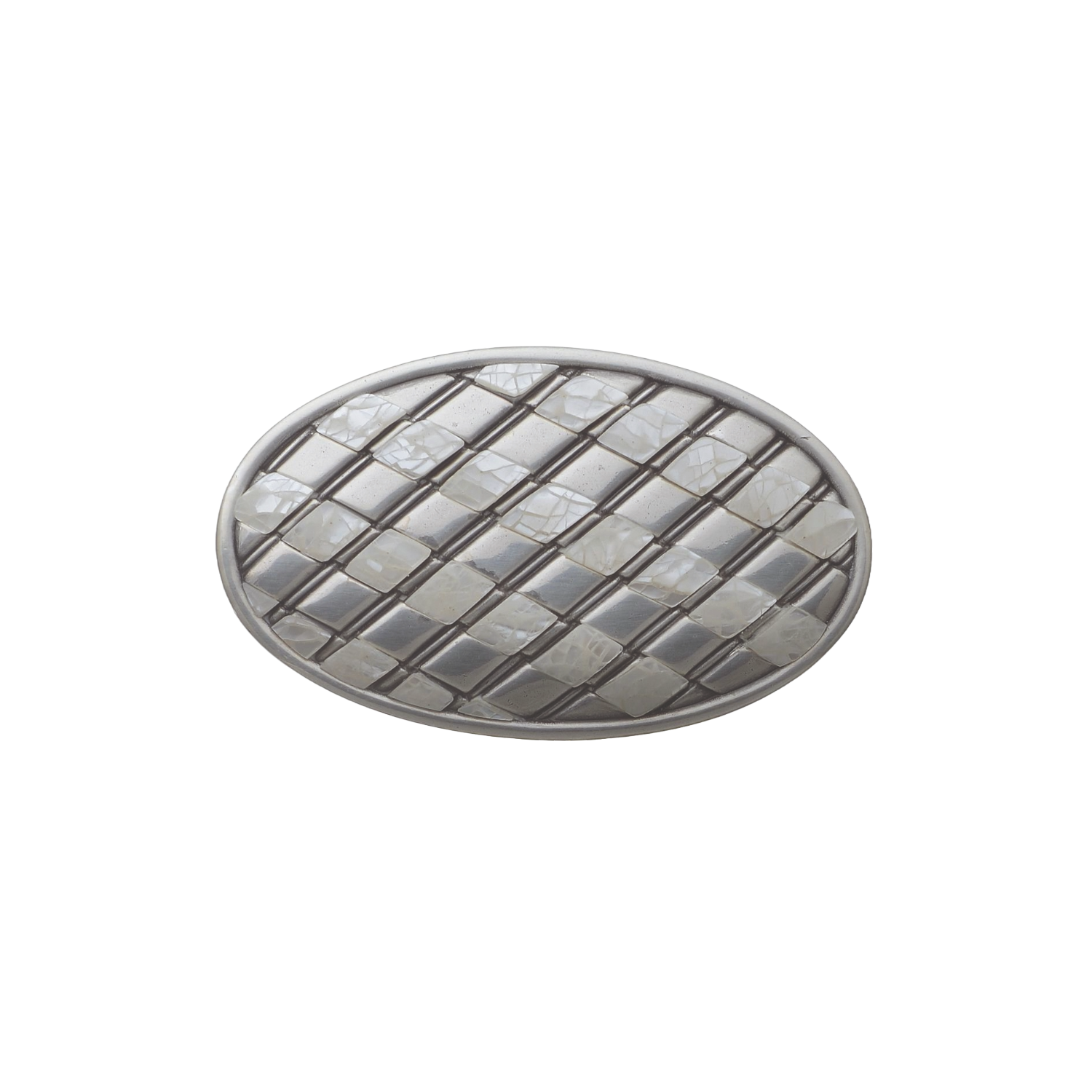 Oval Lattice 40mm belt buckle in English Silver + Cracked White Mother of Pearl.