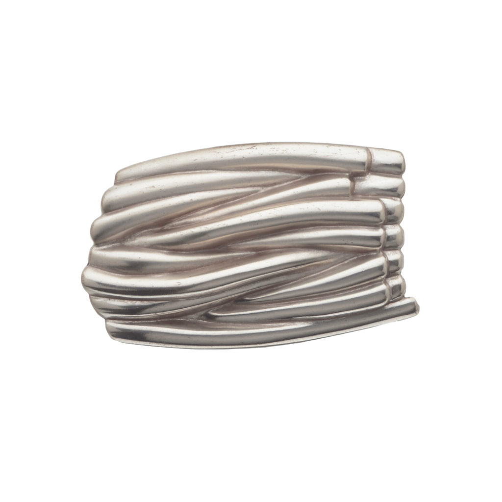 Silver-tone metal belt buckle with a unique woven design, a stylish Italian-designed fashion accessory for men and women.