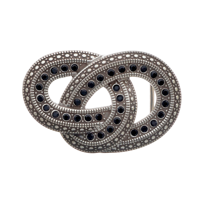 ntricately detailed silver belt buckle with a double-ring design and black gemstones, a unique Italian fashion accessory.