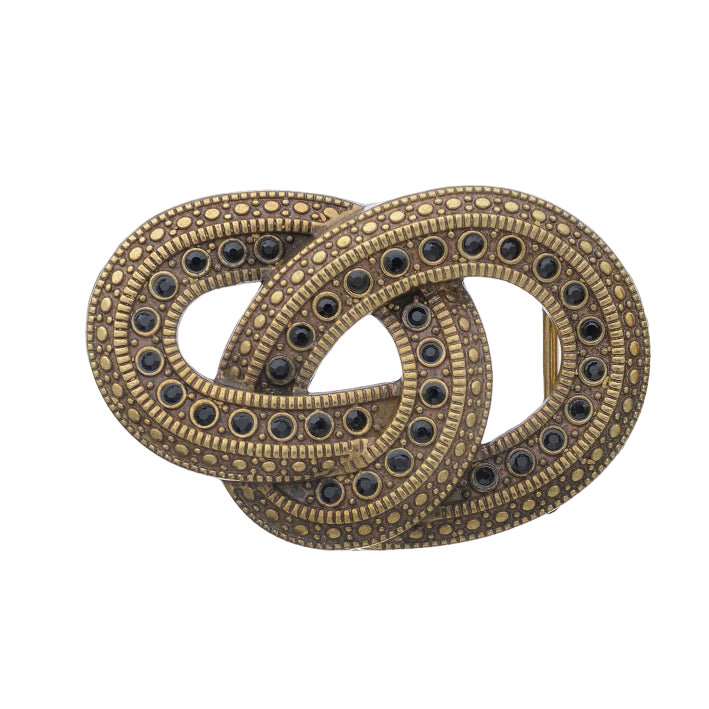 Antique gold-tone belt buckle with a detailed double-ring design and black gemstones, an Italian fashion accessory for formal wear.