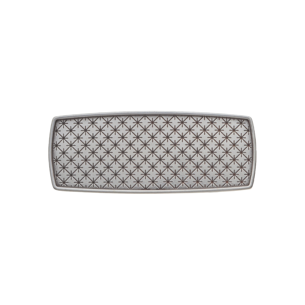 Rectangular silver belt buckle with a geometric star pattern, a stylish Italian design fashion accessory