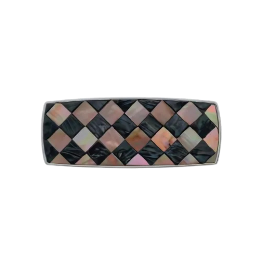 Rectangular belt buckle plate with checkerboard shell inlay (dark and pink tones), isolated on transparent background