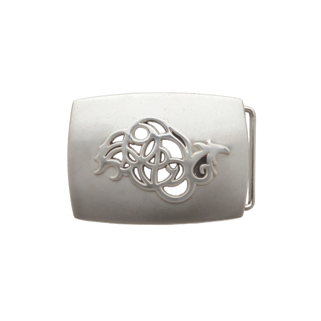 Silver-tone metal belt buckle with a Celtic dragon design, a unique Italian fashion accessory.