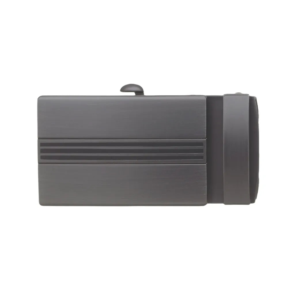 Matte gunmetal rectangular belt buckle featuring three central horizontal stripes and a brushed metal finish.