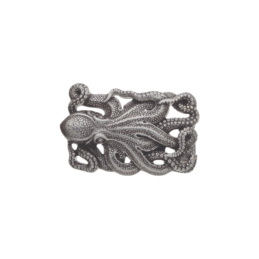 Detailed pewter octopus belt buckle, a unique marine life design fashion accessory. Italian-designed jewelry for men and women.