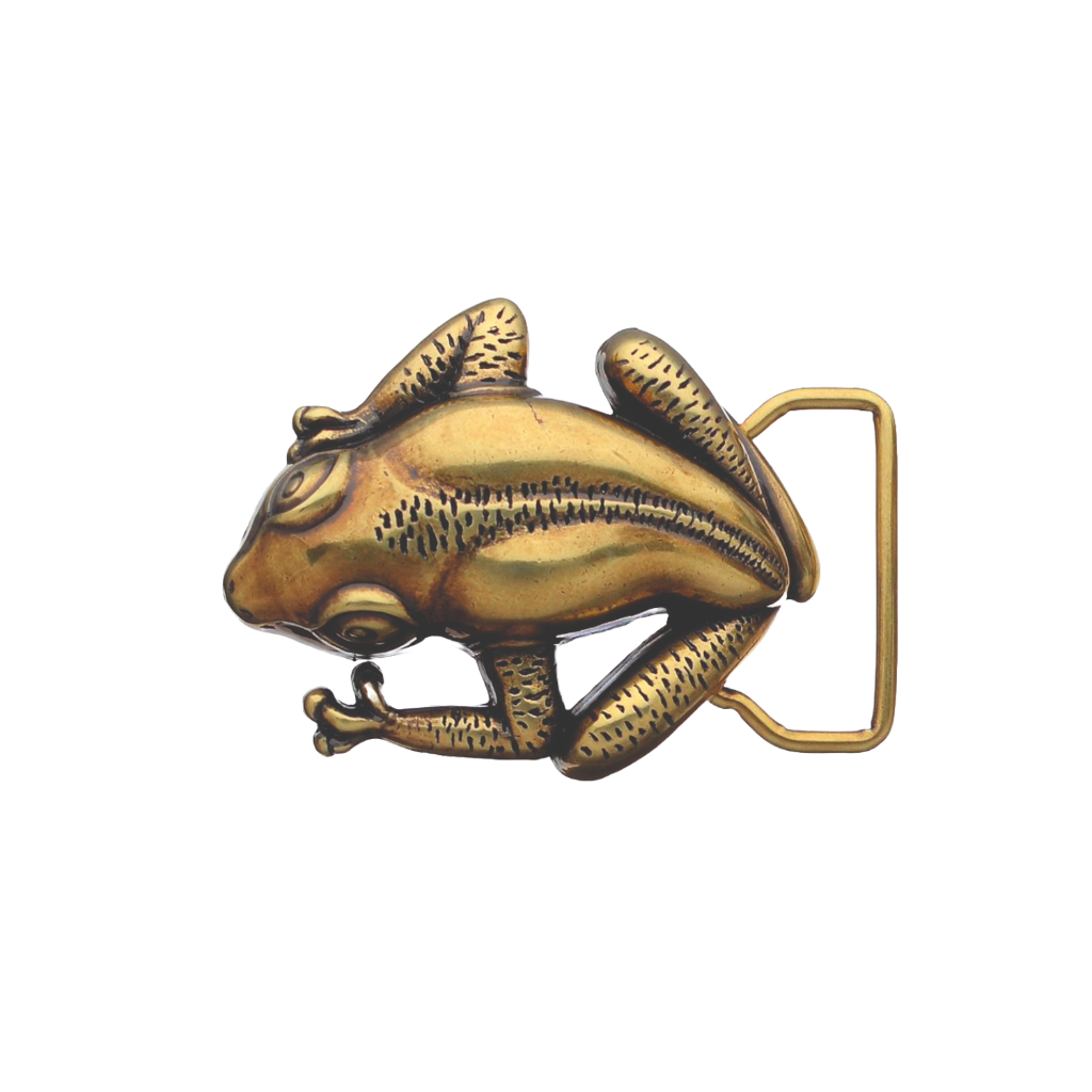 Polished brass frog belt buckle, a unique animal design fashion accessory. Italian-designed jewelry.