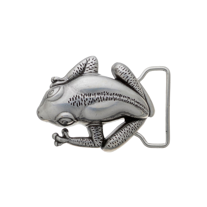 Polished pewter frog belt buckle, a unique animal design fashion accessory. Italian-designed jewelry.