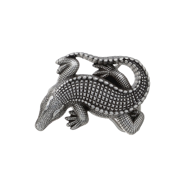 Detailed solid pewter alligator belt buckle, a unique reptile design fashion accessory. Italian-designed jewelry.