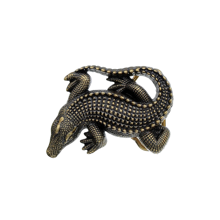 Detailed solid brass alligator belt buckle, a unique reptile design fashion accessory. Italian-designed jewelry.