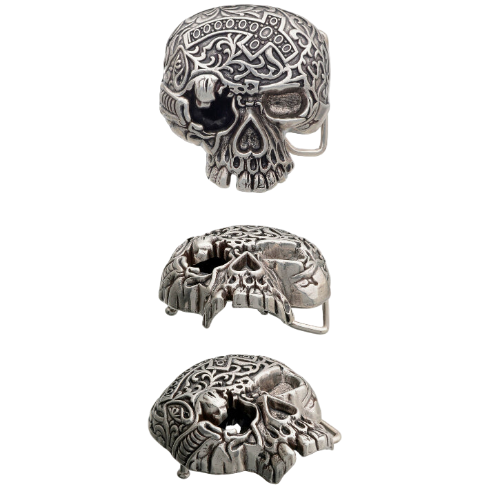 Detailed solid pewter skull belt buckle with intricate carvings, a unique Italian design fashion accessory.