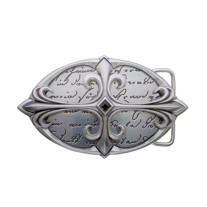 Oval silver belt buckle with an engraved fleur-de-lis design and text, a unique Italian fashion accessory.