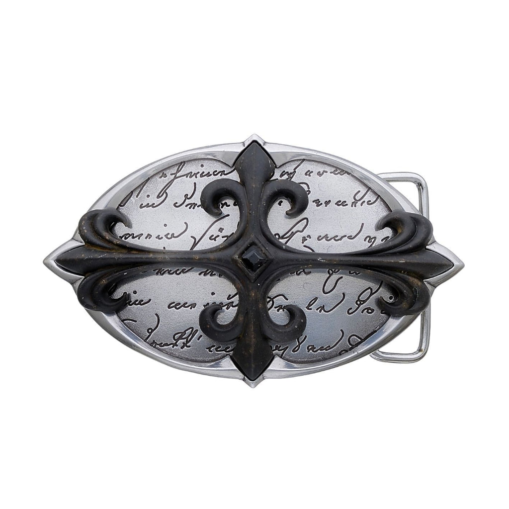 Decorative oval belt buckle with raised fleur-de-lis cross and script-engraved plate, isolated on white