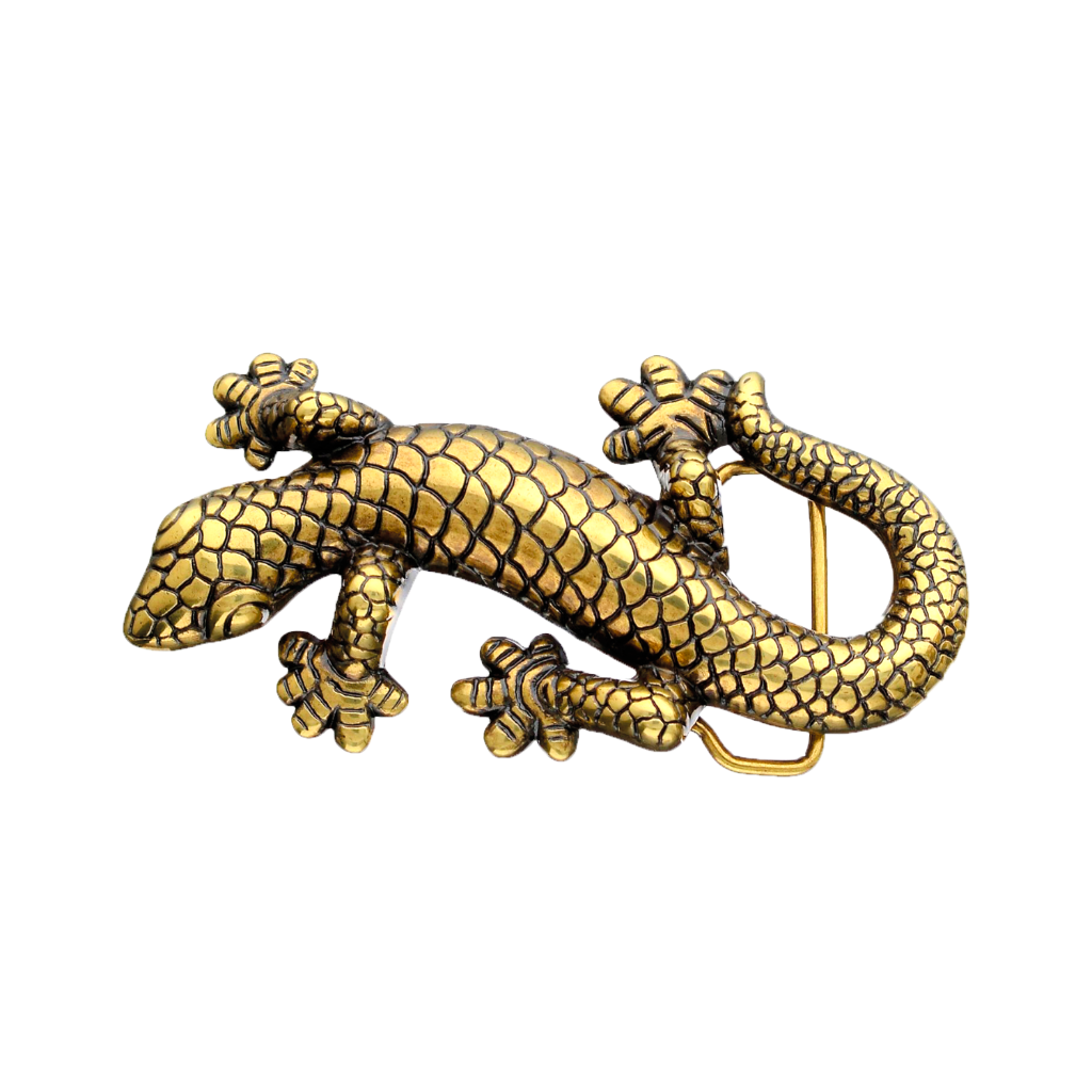 Gold lizard belt buckle with side loop and raised scale texture, transparent background