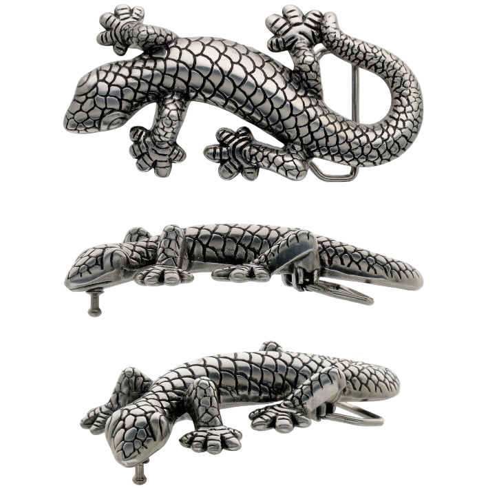 Detailed solid pewter gecko belt buckle, a unique reptile design fashion accessory. Italian-designed jewelry for men and women.