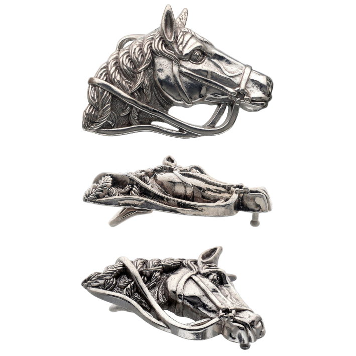 Detailed solid pewter horse head belt buckle with bridle design, a unique animal fashion accessory. Italian-designed.
