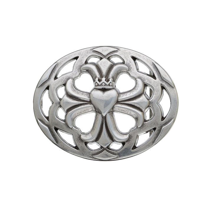Oval solid pewter belt buckle with a crowned heart design, a unique Italian fashion accessory.