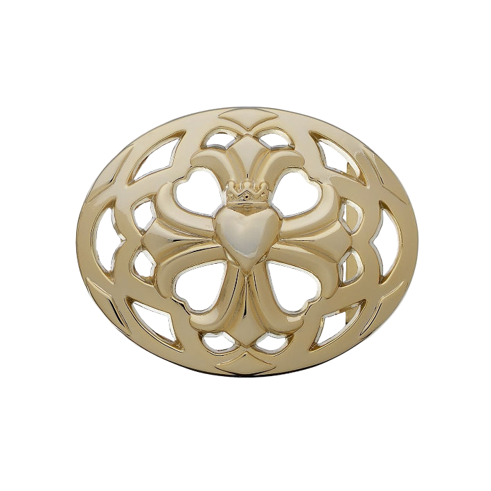 Oval polished brass belt buckle with a crowned heart design, a unique Italian fashion accessory.