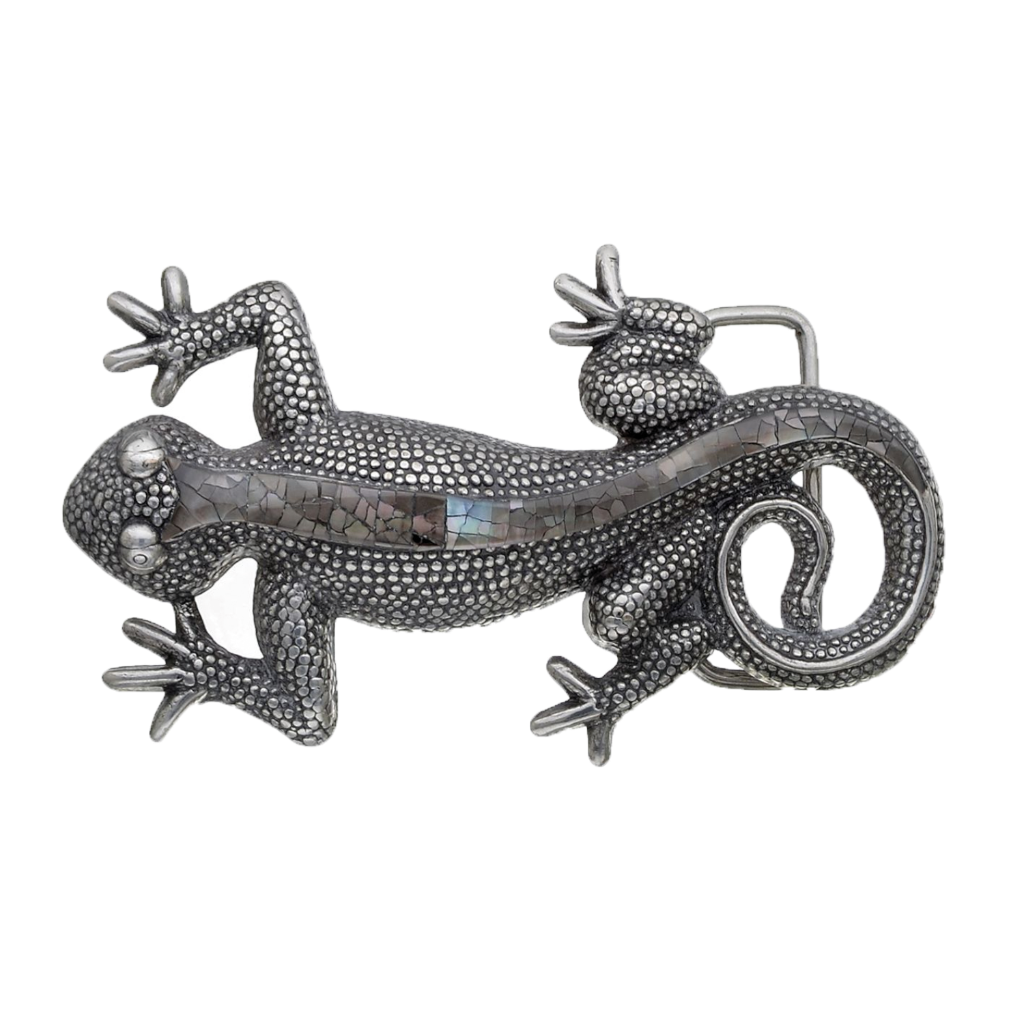 Silver-tone gecko belt buckle with a lustrous dark mother-of-pearl inlay, a unique Italian fashion accessory.