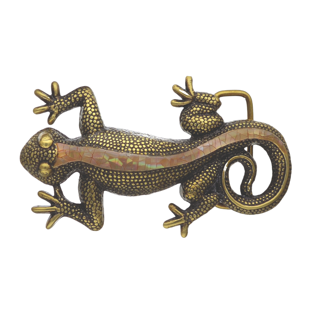 Brass-tone gecko belt buckle with a golden mother-of-pearl inlay, a unique Italian fashion accessory.