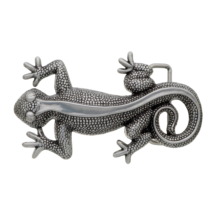 Textured pewter gecko belt buckle with a smooth silver stripe down the back, a unique Italian design fashion accessory.