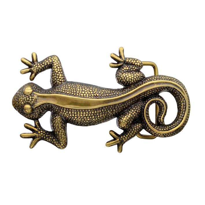 Textured brass gecko belt buckle with a smooth gold-tone stripe down the back, a unique Italian design fashion accessory.