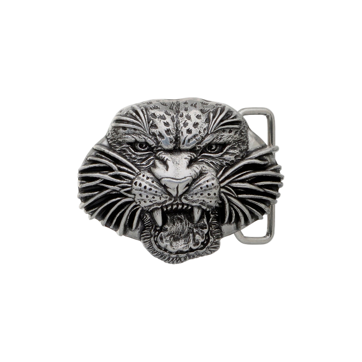 Detailed solid pewter leopard head belt buckle, a unique animal design fashion accessory. Italian-designed.