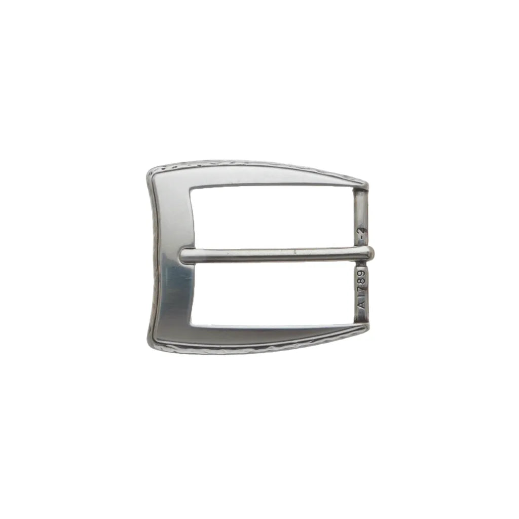 Silver-tone rectangular belt buckle with pin bar and subtle hammered edge detail, fits 35mm belt strap