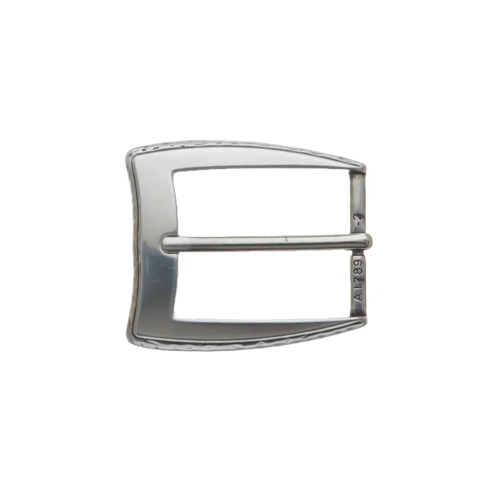 Silver-tone rectangular belt buckle with pin bar and subtle hammered edge detail, fits 40mm belt strap