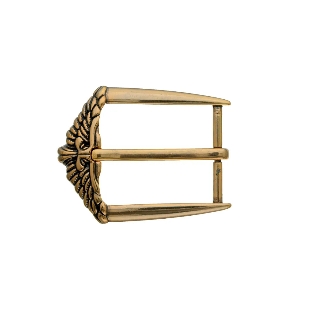 Gold-tone belt buckle with ornate engraved side detail and double bar frame, fits 40mm belt strap