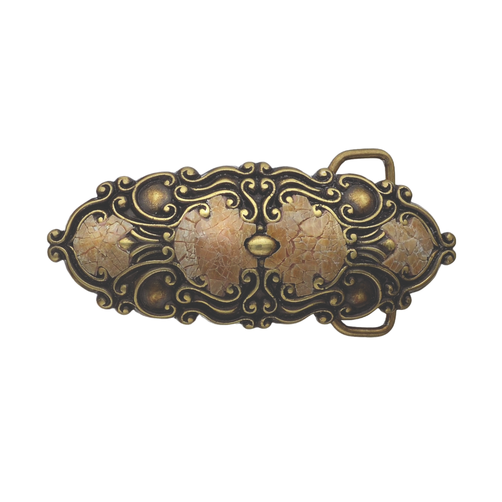 Ornate antique brass belt buckle with a cracked stone inlay and filigree scrolls, a unique Italian design fashion accessory.