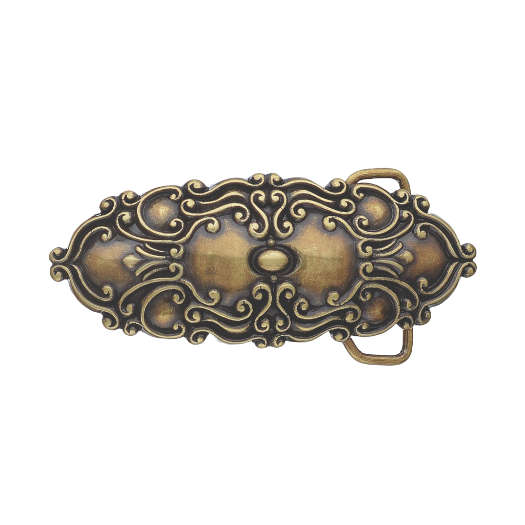 Oval antique brass belt buckle with a detailed filigree scroll pattern, a unique vintage Italian fashion accessory.