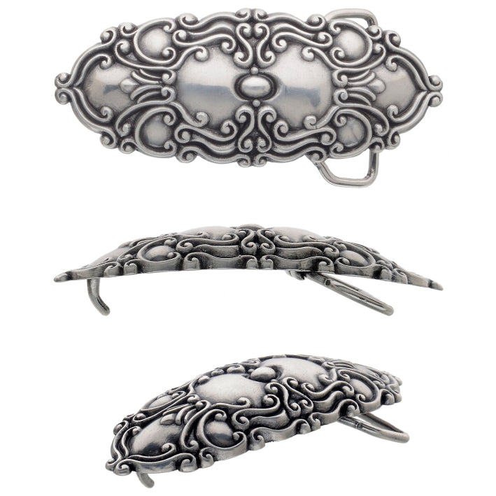 Antique Silver Oval Belt Buckle with a detailed Victorian-style filigree design, a high-fashion accessory and a classic Italian design.