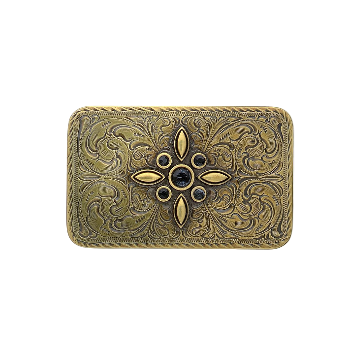 Antique gold-tone belt buckle with an engraved filigree pattern and black gemstones, an ornate Italian design fashion accessory.