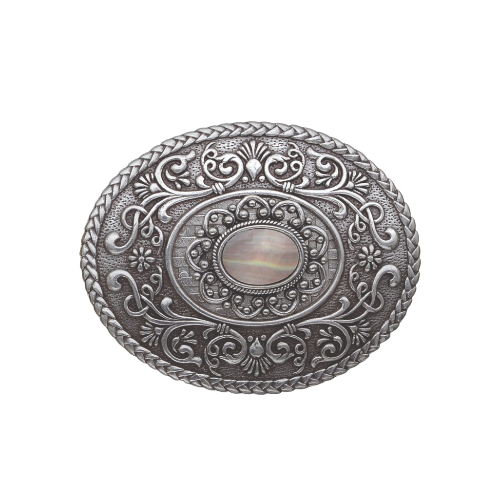 Oval solid silver belt buckle with a mother-of-pearl inlay and ornate filigree, a unique Italian design fashion accessory.