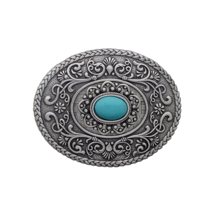 Oval solid silver belt buckle with a large turquoise gemstone and ornate filigree, a unique Italian fashion accessory.