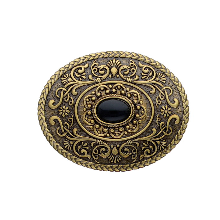 Antique Brass Oval Belt Buckle with a detailed floral and rope-like border, featuring a smooth black onyx stone in the center. A perfect fashion accessory and Italian design.