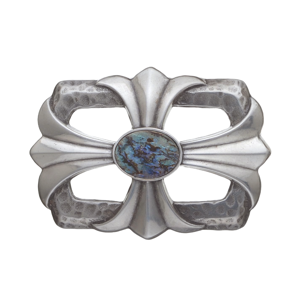 Brushed Silver Belt Buckle with a modern cross design and a stunning blue and green abalone shell centerpiece, a unique fashion accessory with a contemporary Italian design.