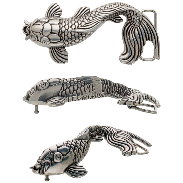 Intricate Silver Belt Buckle in the shape of a koi fish, a unique and detailed fashion accessory with an elegant Italian design.