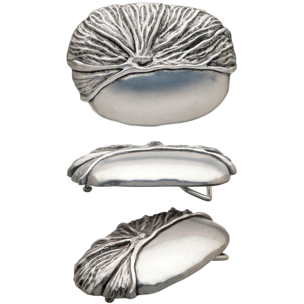 Oval belt buckle with draped leaf relief, oxidized silver, front and side views, on white background