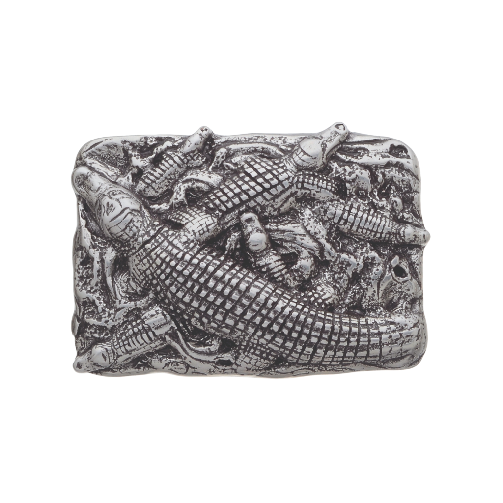 Textured silver rectangular belt buckle with a detailed crocodile and baby crocodile design, a unique fashion accessory with a bold animal-themed Italian design.