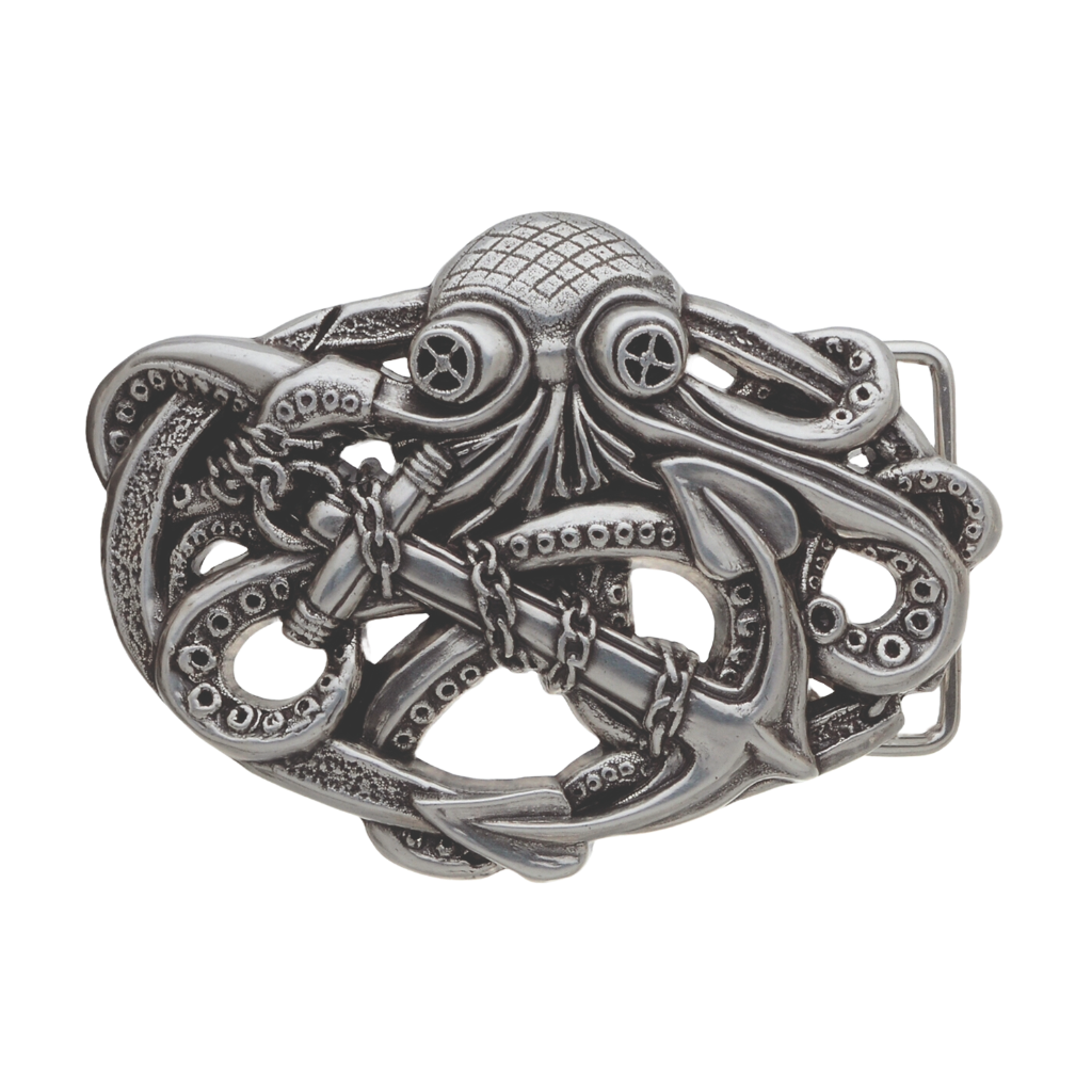 Ornate polished silver belt buckle with a detailed octopus and anchor design, a unique fashion accessory with a nautical and bold Italian design.