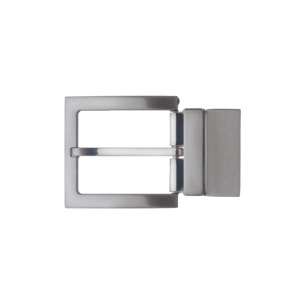 Brushed silver rectangular belt buckle frame with center bar and clip clasp back