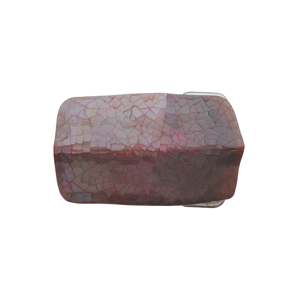 Rectangular silver belt buckle with a mosaic-style cracked mother of pearl inlay, a unique fashion accessory with a beautiful Italian design.