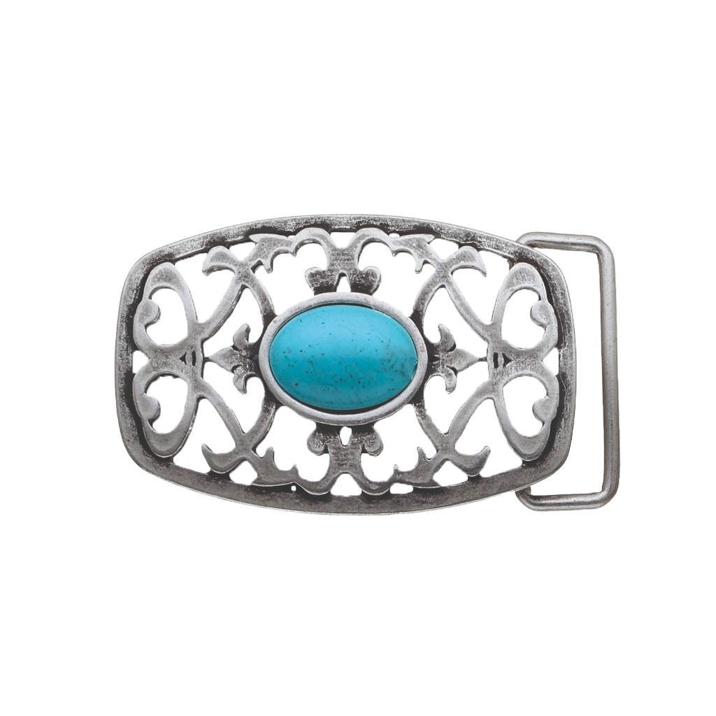 Rectangular openwork belt buckle with filigree scrolls and oval turquoise stone, oxidized silver, isolated on transparent background