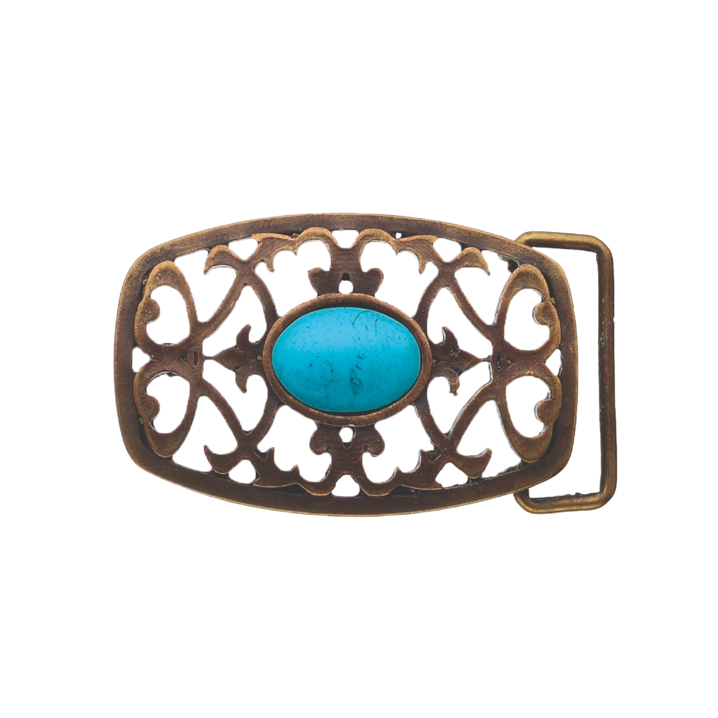 Italian design belt buckle fashion accessory—antique brass filigree with oval turquoise stone centerpiece.