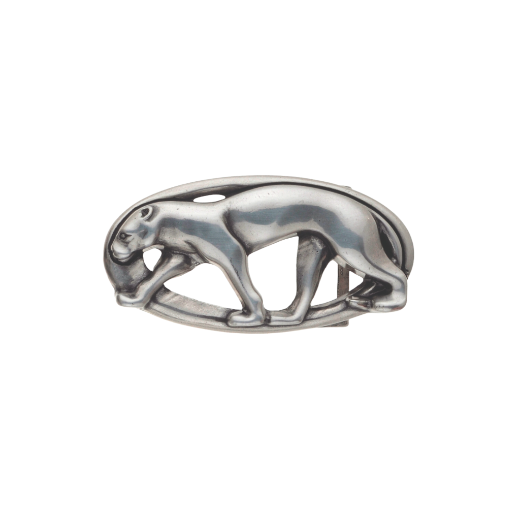 Polished silver belt buckle with a detailed Art Nouveau-style panther design, a bold and unique fashion accessory with an animal-themed Italian design.